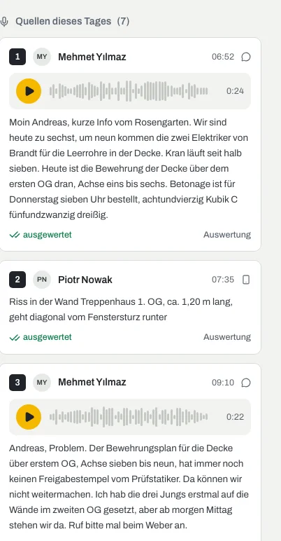 Bauklar im Büro: Sprachnachrichten der Poliere mit Abschrift, als ausgewertet markiert